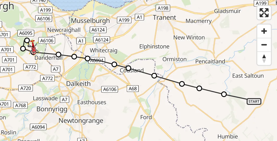 Flight path map showing Air Ambulance Helicopter route from East Saltoun to Moredun