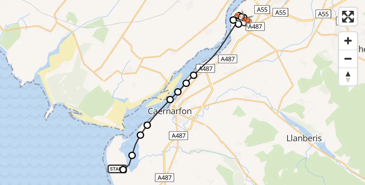 Flight path map showing Coastguard Helicopter route from Caernarfon Airport to Aber Pwll