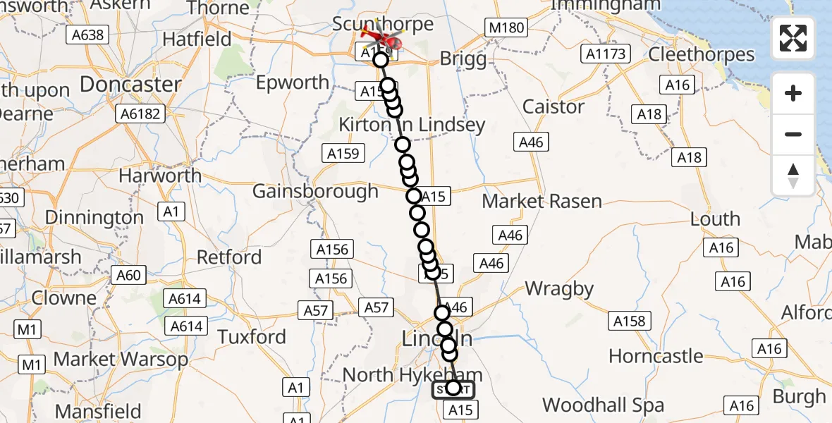 Flight path map showing Air Ambulance Helicopter route from RAF Waddington to Scunthorpe