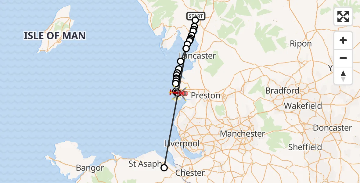 Flight path map showing Air Ambulance Helicopter route from Underbarrow to Blackpool Airport