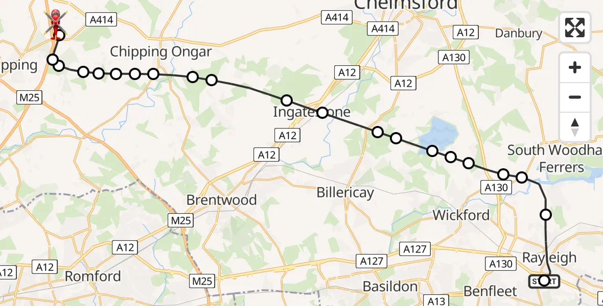 Flight path map showing Air Ambulance Helicopter route from Hadleigh to North Weald Airfield