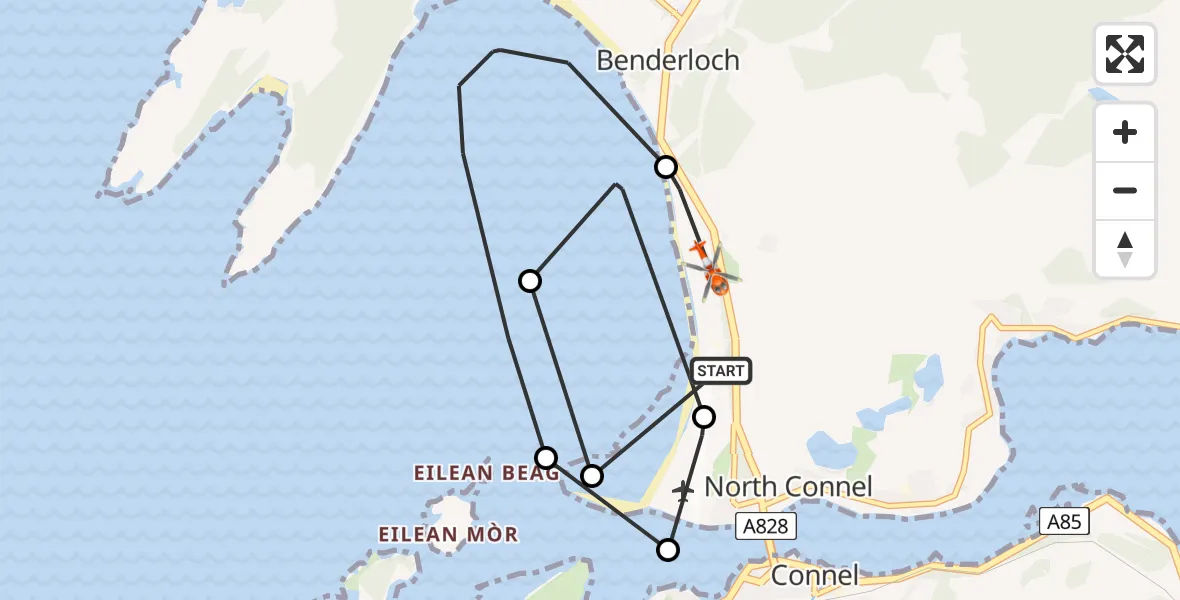Flight path map showing Coastguard Helicopter route from Oban Airport to Benderloch