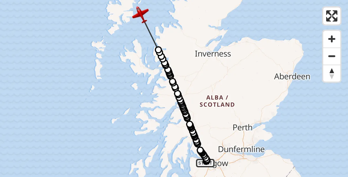 Flight path map showing Air Ambulance Aircraft route from Glasgow Airport to Inner Seas