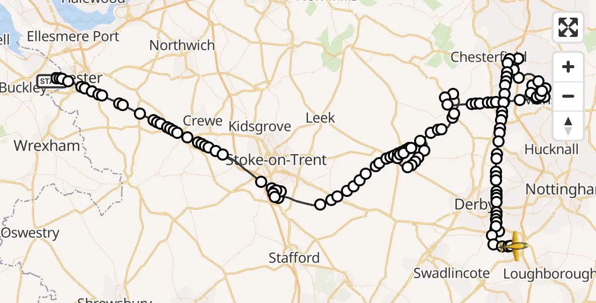 Flight path map showing Police Aircraft route from Hawarden Airport to East Midlands Airport