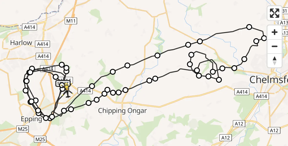 Flight path map showing Police Helicopter route from North Weald Airfield to North Weald Bassett