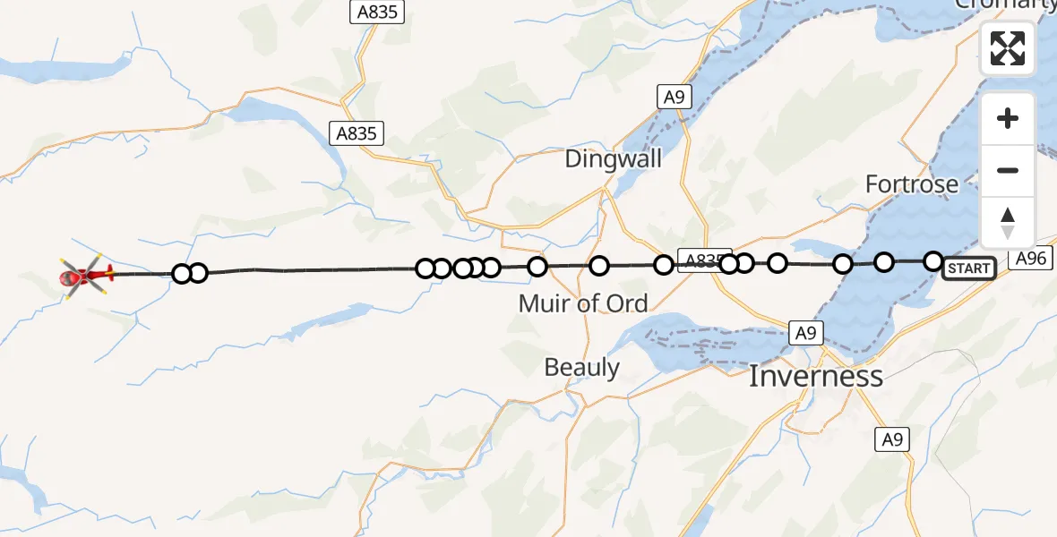 Flight path map showing Air Ambulance Helicopter route from Inverness to Highland