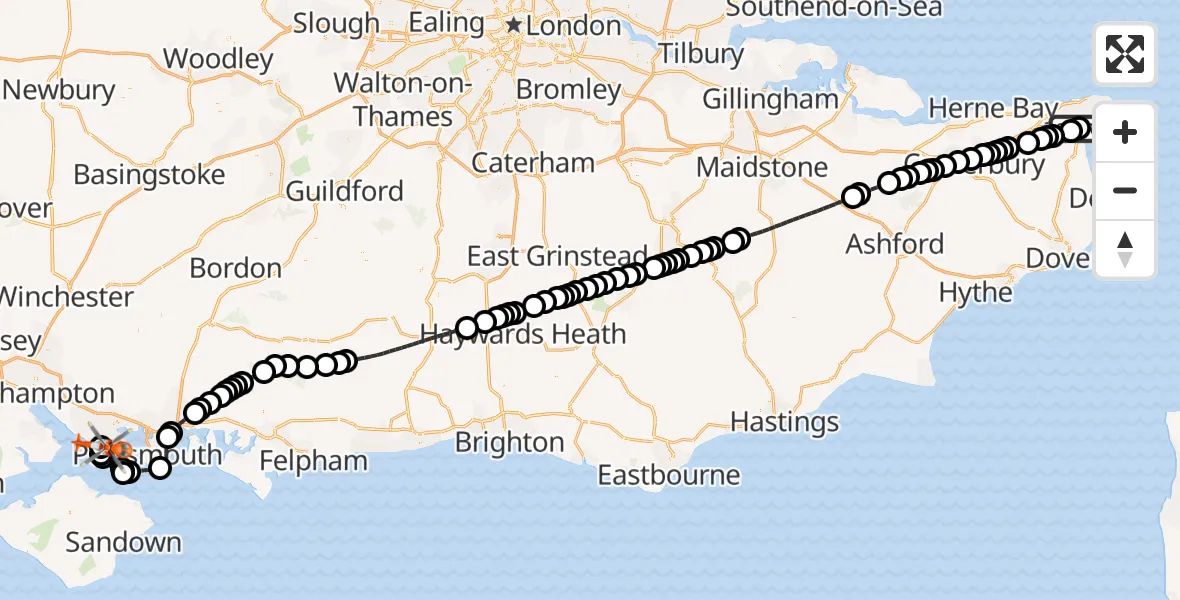 Flight path map showing Coastguard Helicopter route from Manston Airport to Solent Airport