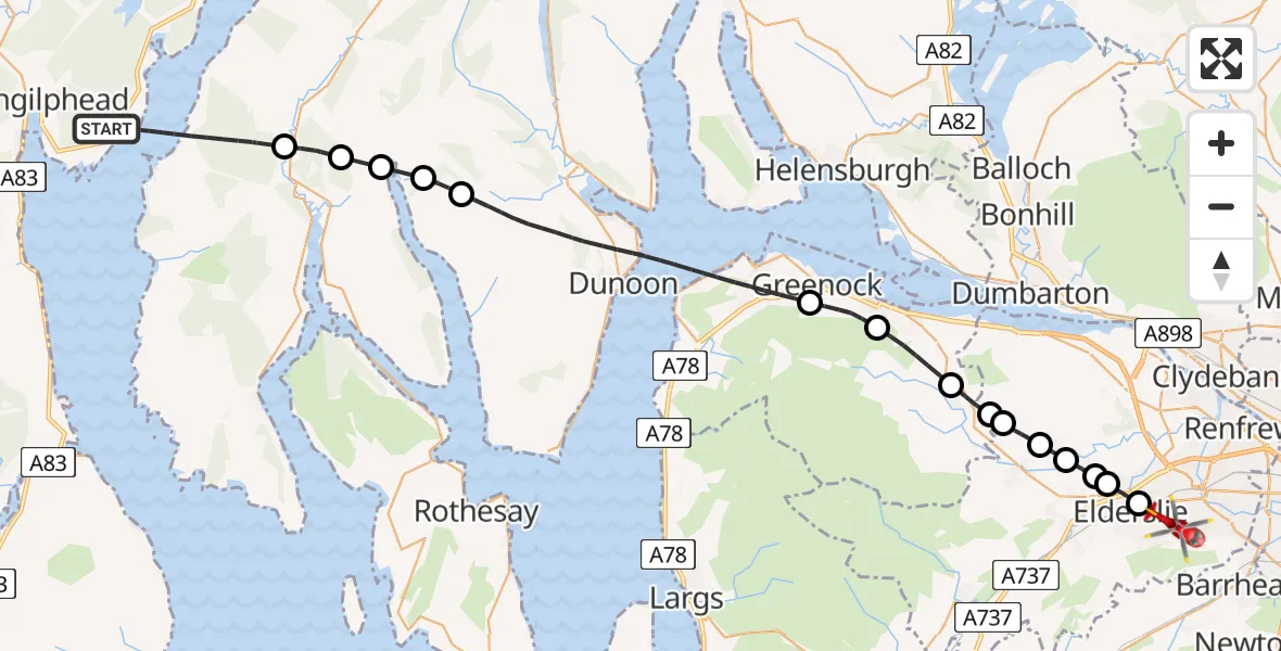 Flight path map showing Air Ambulance Helicopter route from Inner Seas to Elderslie