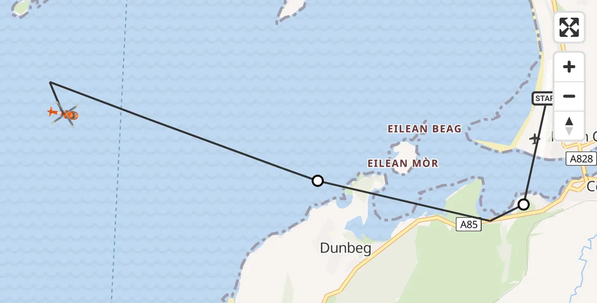 Flight path map showing Coastguard Helicopter route from Oban Airport to Inner Seas