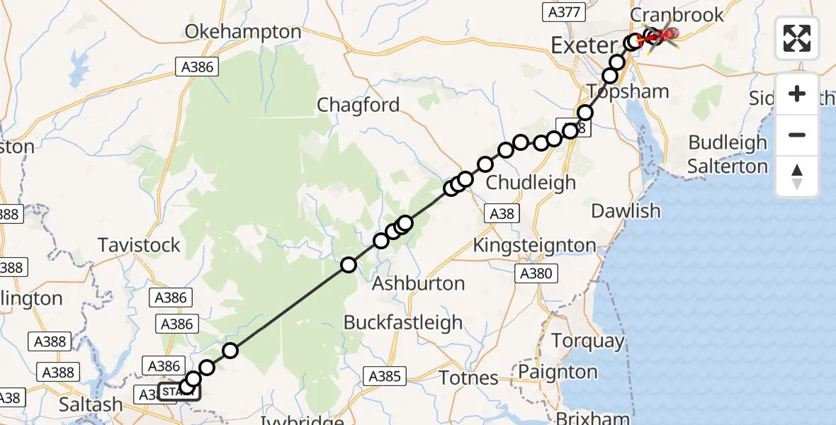Flight path map showing Air Ambulance Helicopter route from Mainstone to Exeter International Airport