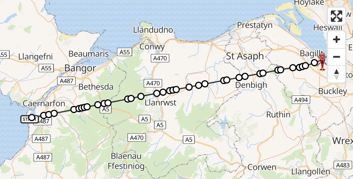 Flight path map showing Air Ambulance Helicopter route from Caernarfon Airport to Flint