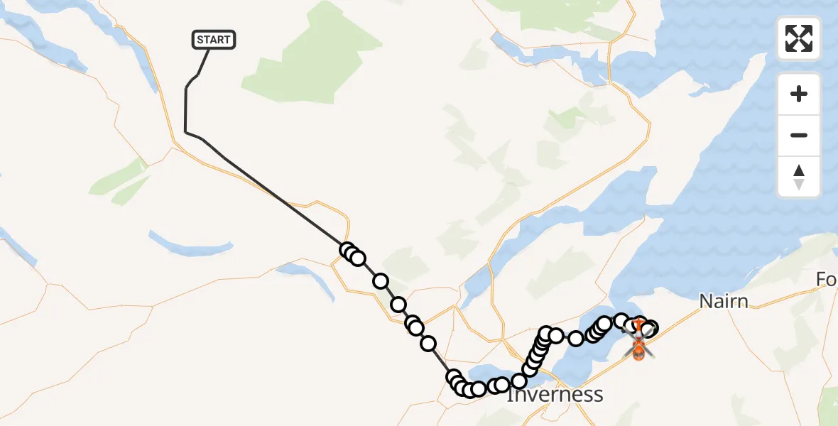 Flight path map showing Coastguard Helicopter route from Highland to Inverness Airport