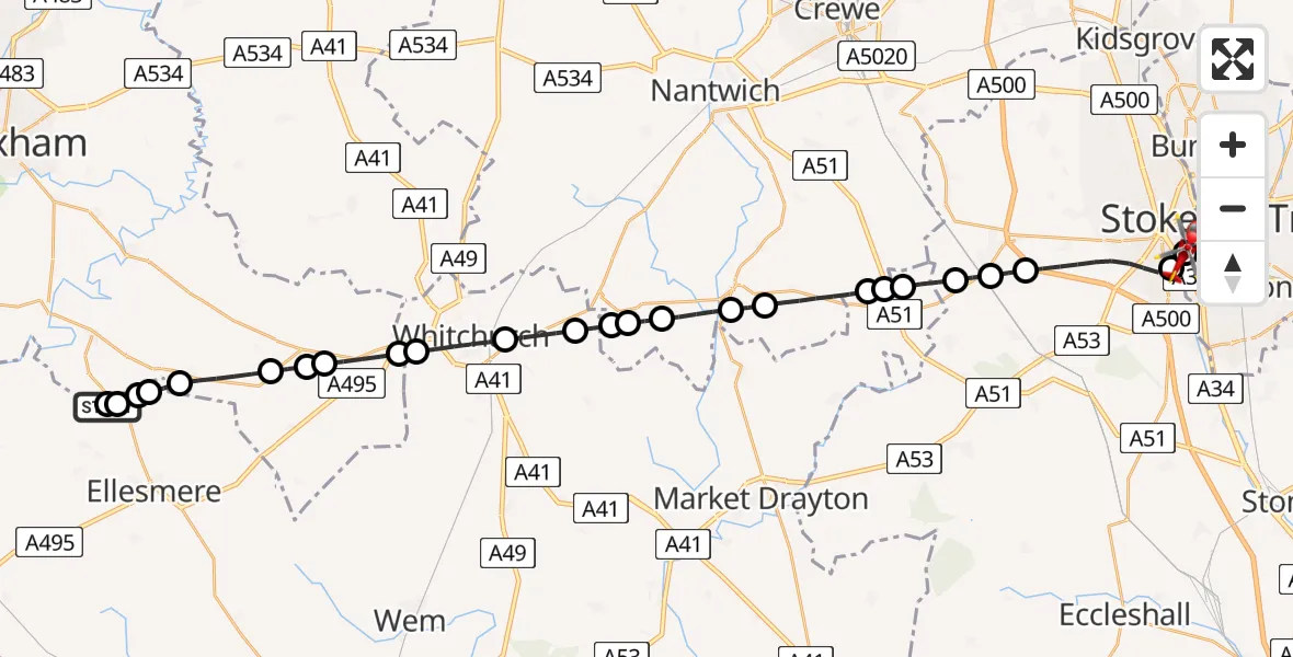 Flight path map showing Air Ambulance Helicopter route from Ellesmere to University Hospital North Staffs