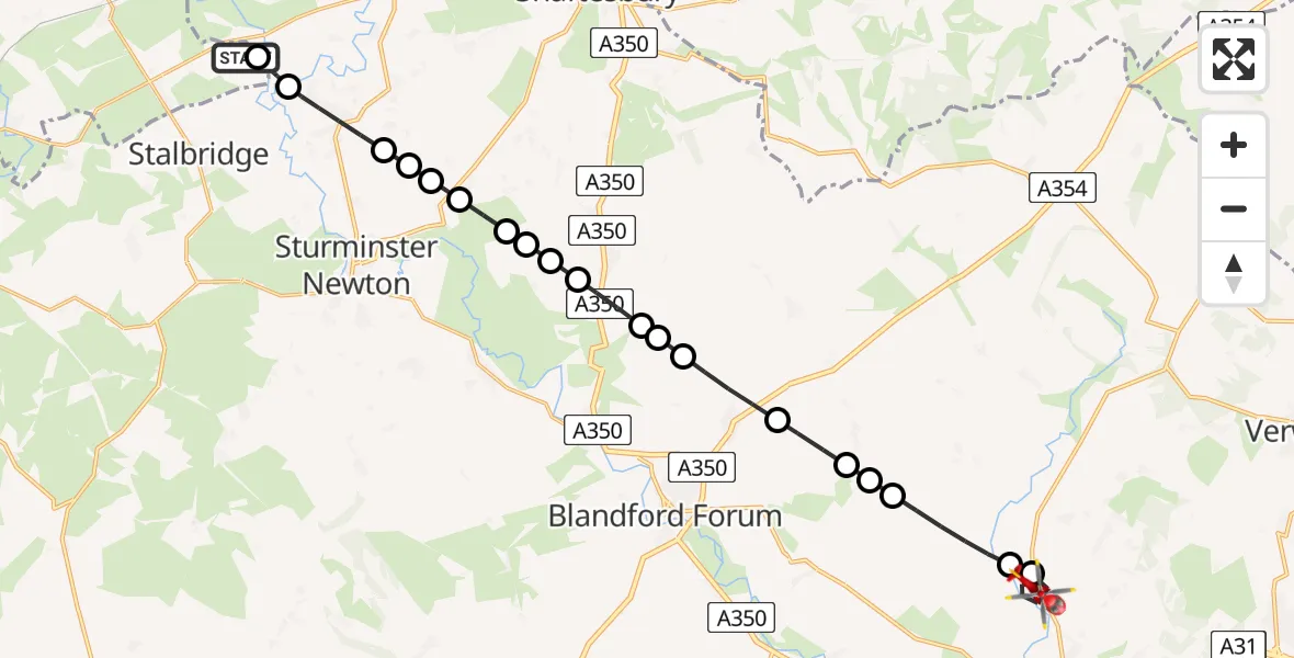 Flight path map showing Air Ambulance Helicopter route from Henstridge Airfield to Stanbridge