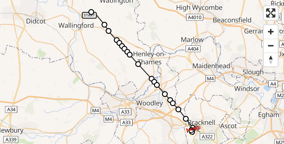 Flight path map showing Air Ambulance Helicopter route from RAF Benson to Bracknell