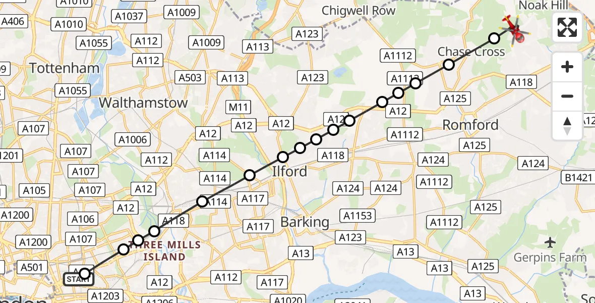 Flight path map showing Air Ambulance Helicopter route from Royal London Hospital to Harold Hill