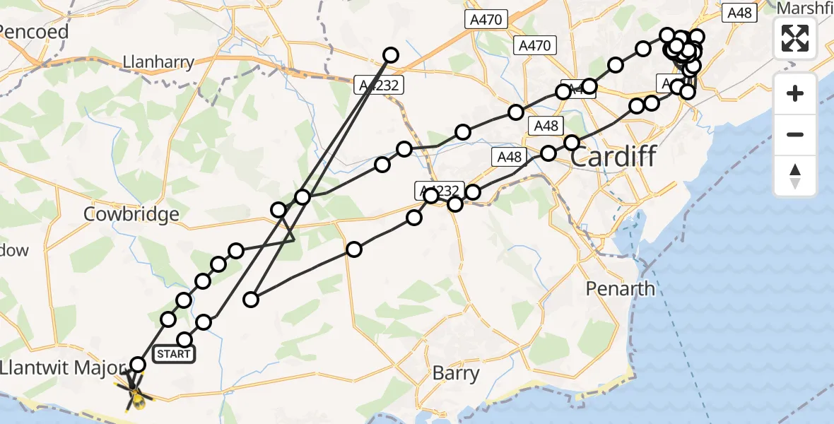 Flight path map showing Police Helicopter route from MOD St Athan to MOD St Athan