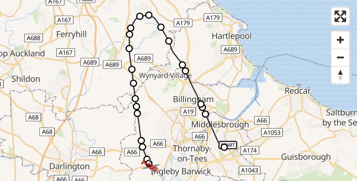 Flight path map showing Air Ambulance Helicopter route from James Cook University Hospital to Egglescliffe