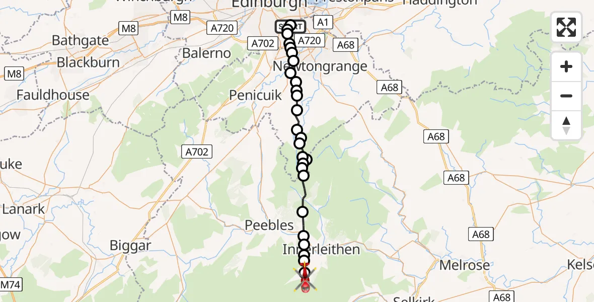 Flight path map showing Air Ambulance Helicopter route from RIE Rooftop to Scottish Borders