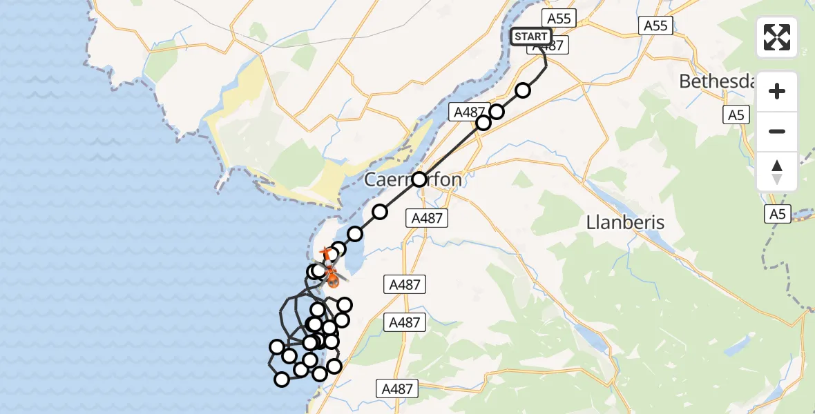Flight path map showing Coastguard Helicopter route from Aber Pwll to Caernarfon Airport