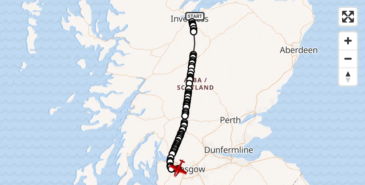 Flight path map showing Air Ambulance Aircraft route from Inverness to Glasgow Airport