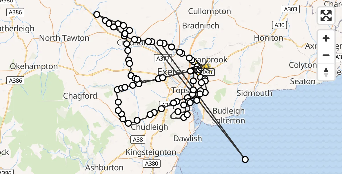 Flight path map showing Police Helicopter route from Exeter International Airport to Exeter International Airport
