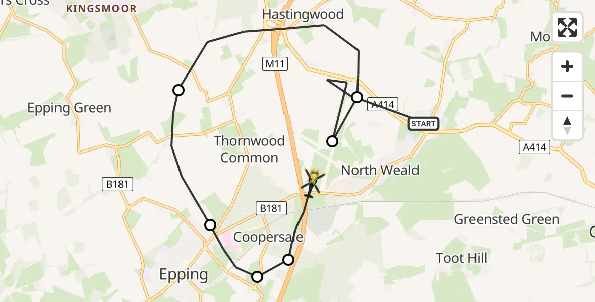 Flight path map showing Police Helicopter route from North Weald Bassett to North Weald Airfield