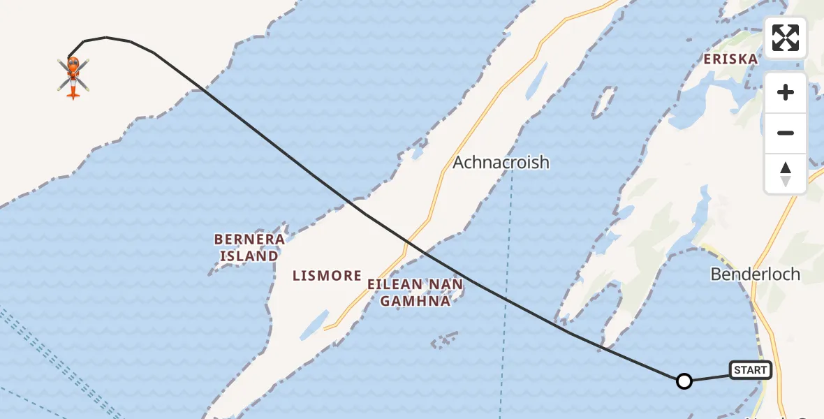 Flight path map showing Coastguard Helicopter route from Benderloch to Inner Seas