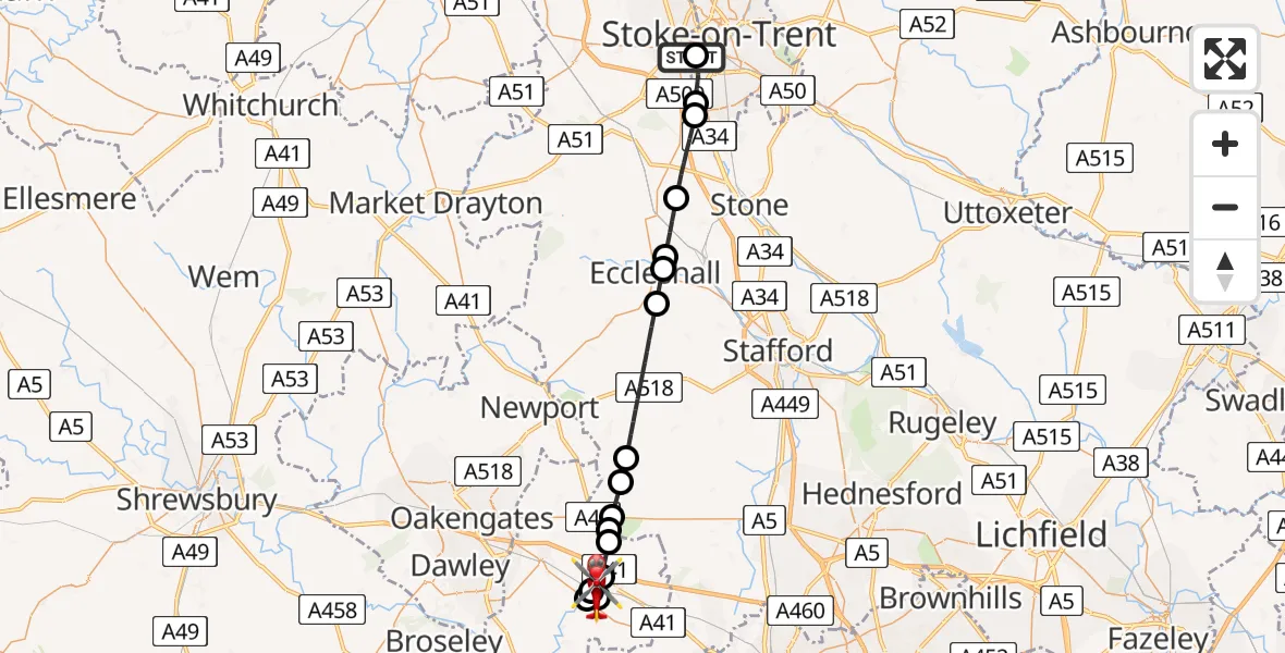 Flight path map showing Air Ambulance Helicopter route from University Hospital North Staffs to Cosford