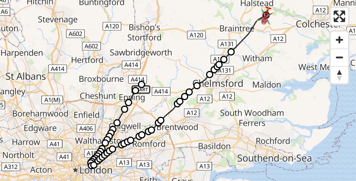 Flight path map showing Air Ambulance Helicopter route from North Weald Airfield to Earls Colne Airfield