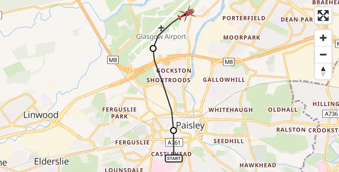 Flight path map showing Air Ambulance Helicopter route from Royal Alexandria Hospital Paisley to Glasgow Airport