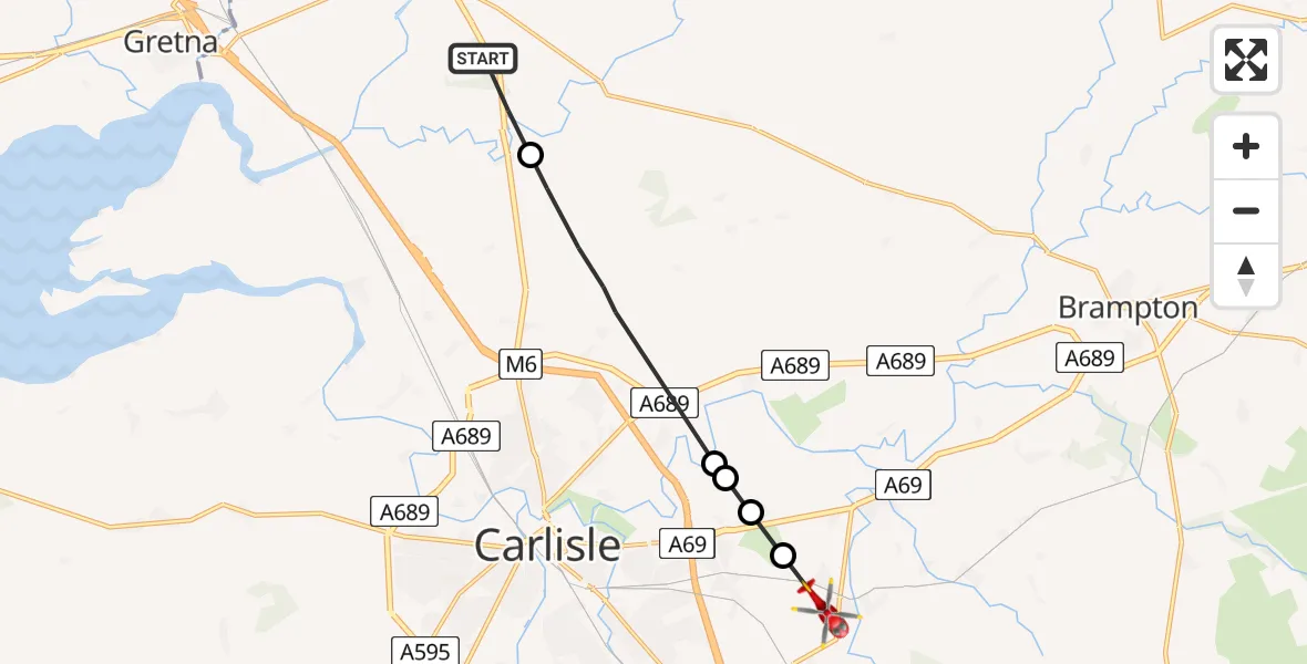 Flight path map showing Air Ambulance Helicopter route from Longtown to Wetheral