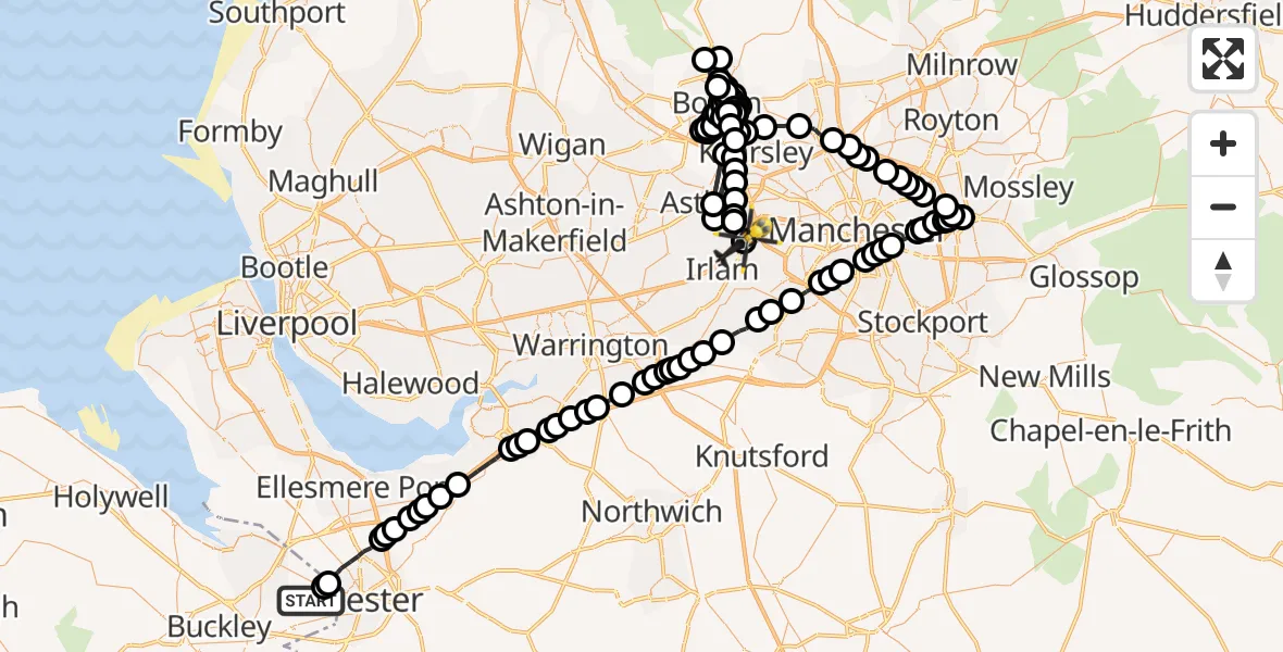 Flight path map showing Police Helicopter route from Saltney Ferry to Manchester Barton Aerodrome