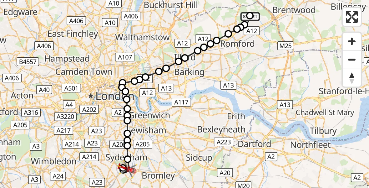 Flight path map showing Air Ambulance Helicopter route from Harold Hill to Penge