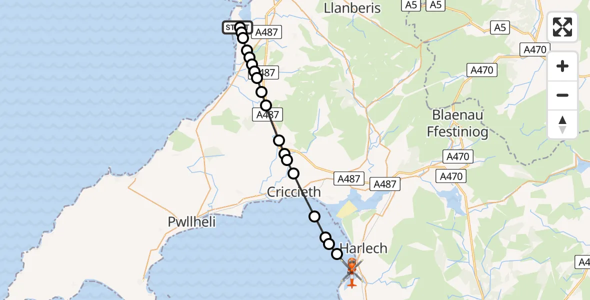 Flight path map showing Coastguard Helicopter route from Caernarfon Airport to Llandanwg