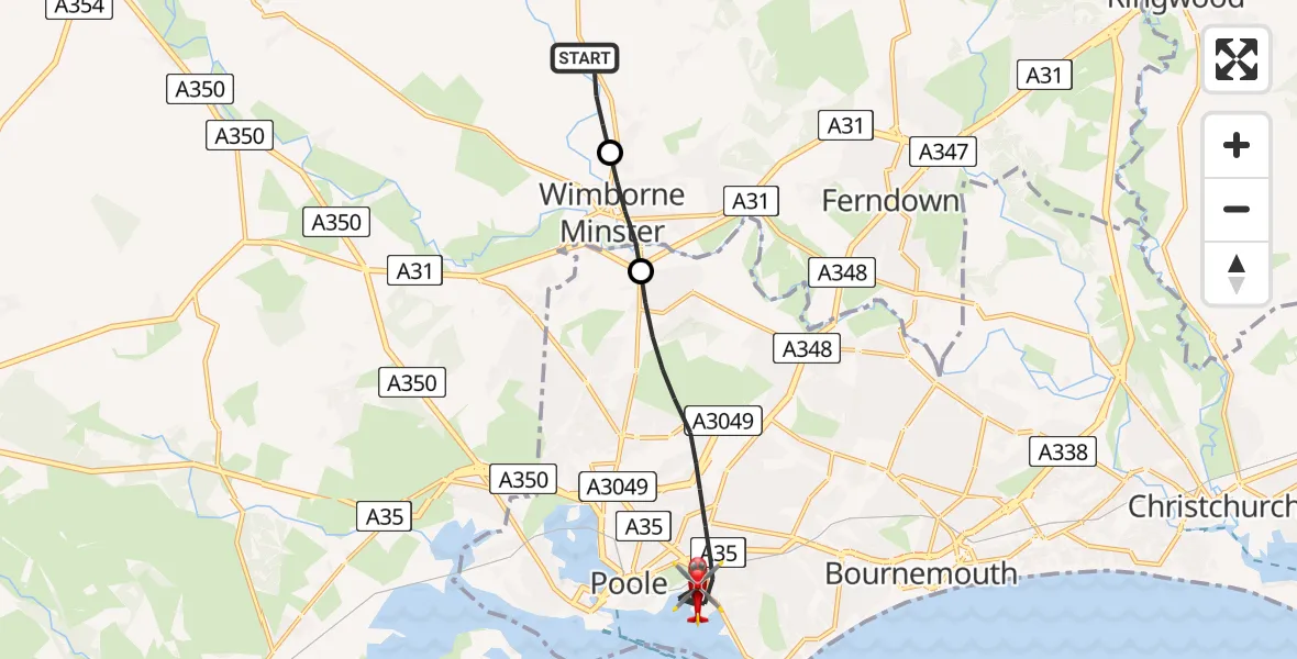 Flight path map showing Air Ambulance Helicopter route from Stanbridge to Poole