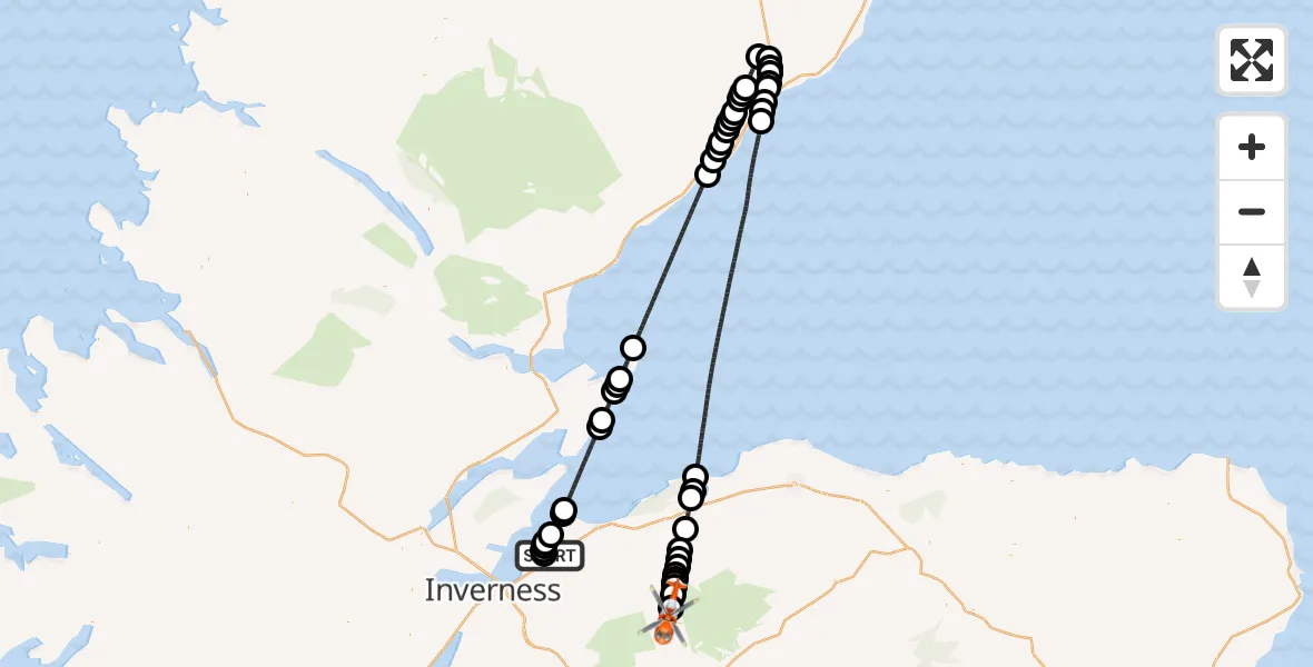 Flight path map showing Coastguard Helicopter route from Inverness Airport to Aitnoch
