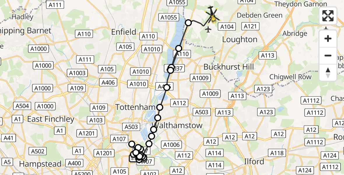 Routekaart van de vlucht: Police Helicopter to Epping Forest, Mott Street