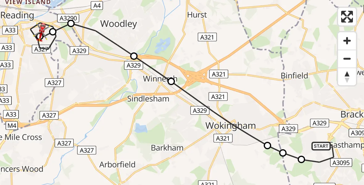 Flight path map showing Air Ambulance Helicopter route from Bracknell to Reading