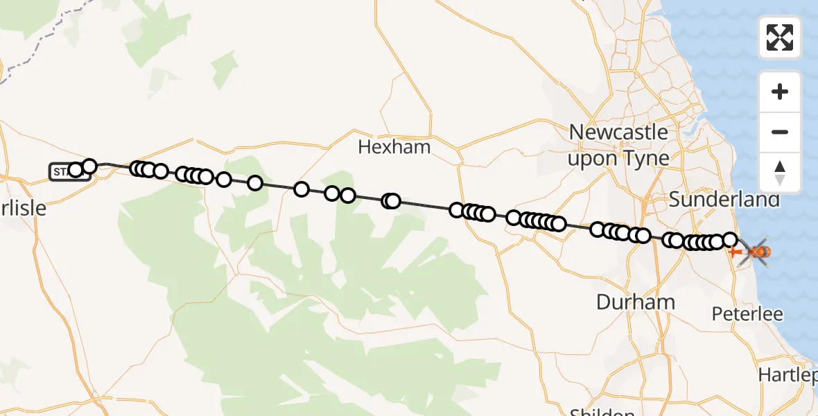 Flight path map showing Coastguard Helicopter route from Carlisle Lake District Airport to Seaham