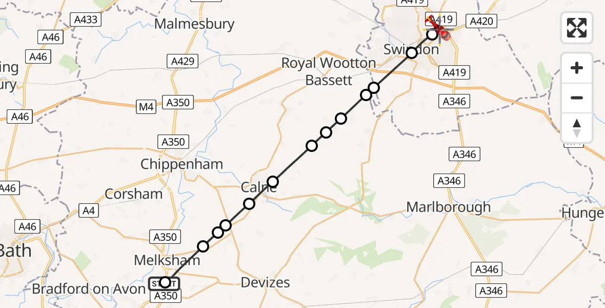 Flight route Air Ambulance Helicopter Wiltshire Air Ambulance - Stratton St. Margaret, 30 April 2026, 15:56