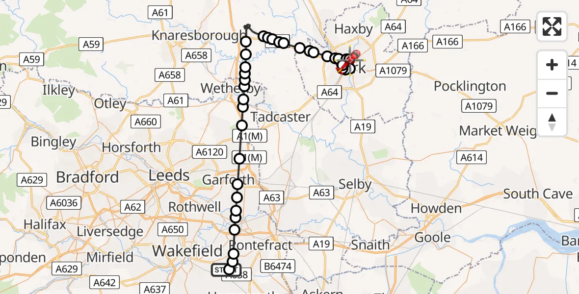Flight path map showing Air Ambulance Helicopter route from YAA Nostell Helicopter Port to Clifton