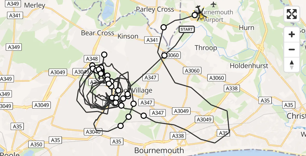 Flight path map showing Police Helicopter route from Hurn to Bournemouth Airport