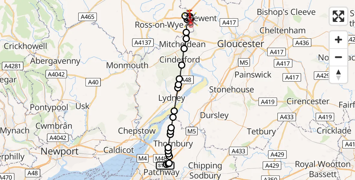 Flight route Air Ambulance Helicopter Almondsbury Helicopter Base - Kilcot, 30 April 2026, 16:13