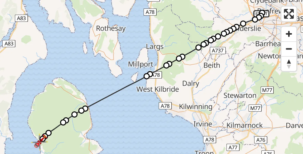 Flight route Air Ambulance Helicopter Glasgow Airport - Auchagallon, 30 April 2026, 16:14
