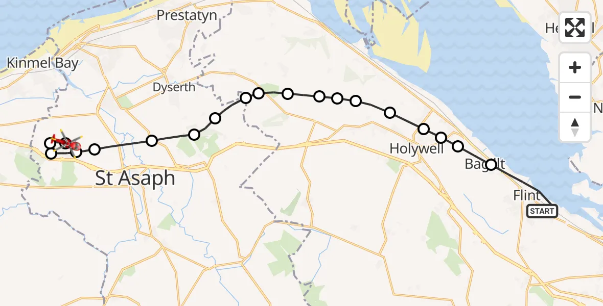 Flight route Air Ambulance Helicopter Flint - St Asaph, 30 April 2026, 16:23