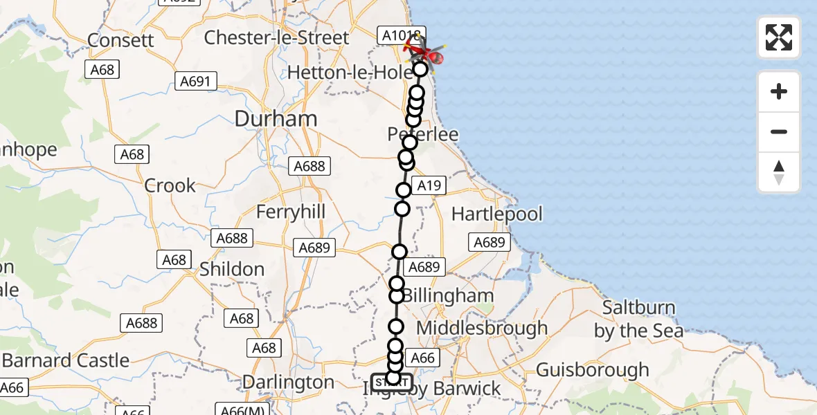 Flight path map showing Air Ambulance Helicopter route from Egglescliffe to Seaham