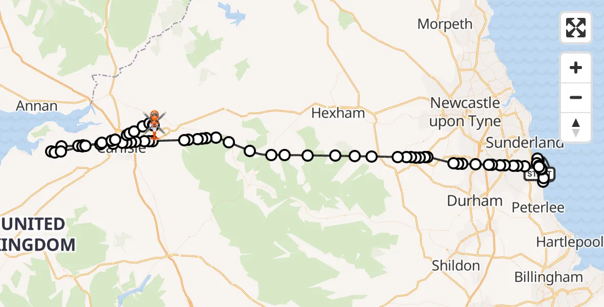 Flight path map showing Coastguard Helicopter route from Seaham to Carlisle Lake District Airport