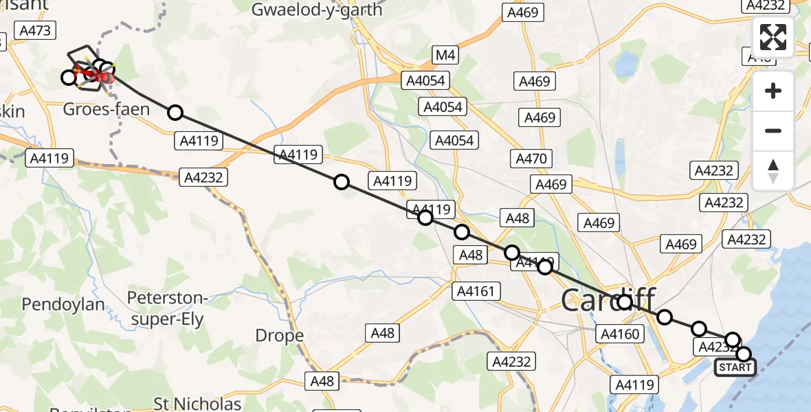 Flight path map showing Air Ambulance Helicopter route from Cardiff Heliport to Groes-faen