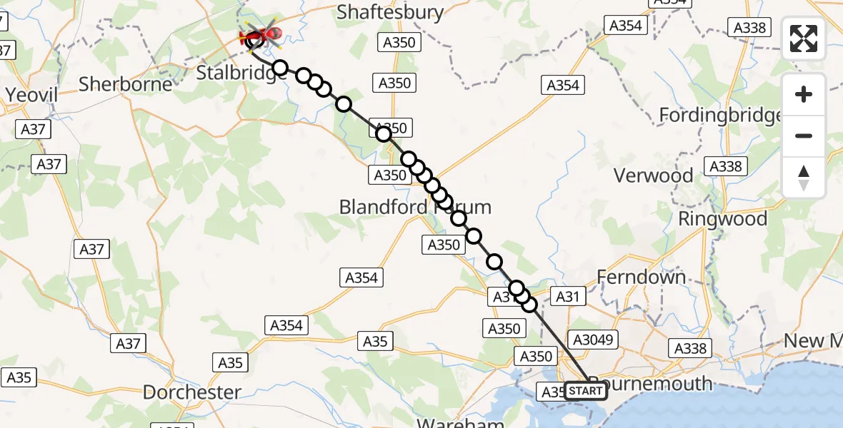 Flight path map showing Air Ambulance Helicopter route from Poole to Henstridge Airfield